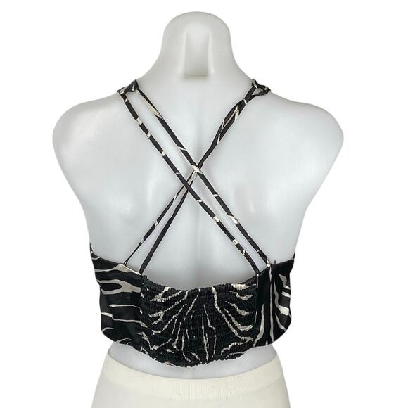 Zara Women's Black Satin Sleeveless Animal Print Crossback Crop Tank Top Size M - Picture 3 of 5